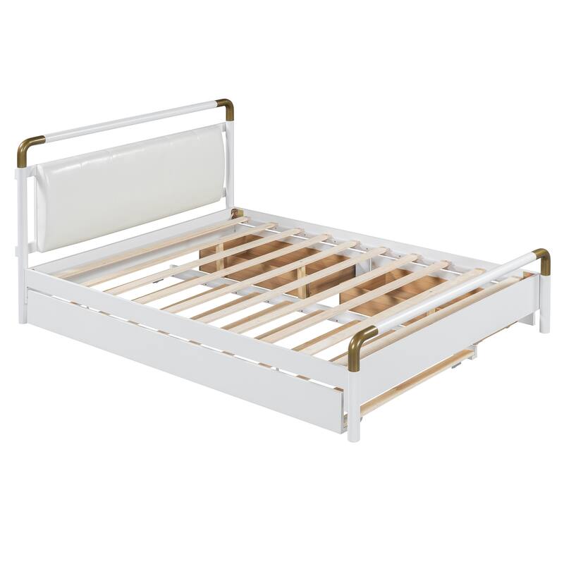 Modern Queen Platform Bed with Soft PU Leather Backrest, Trundle & Storage Drawers, White/Walnut Finish