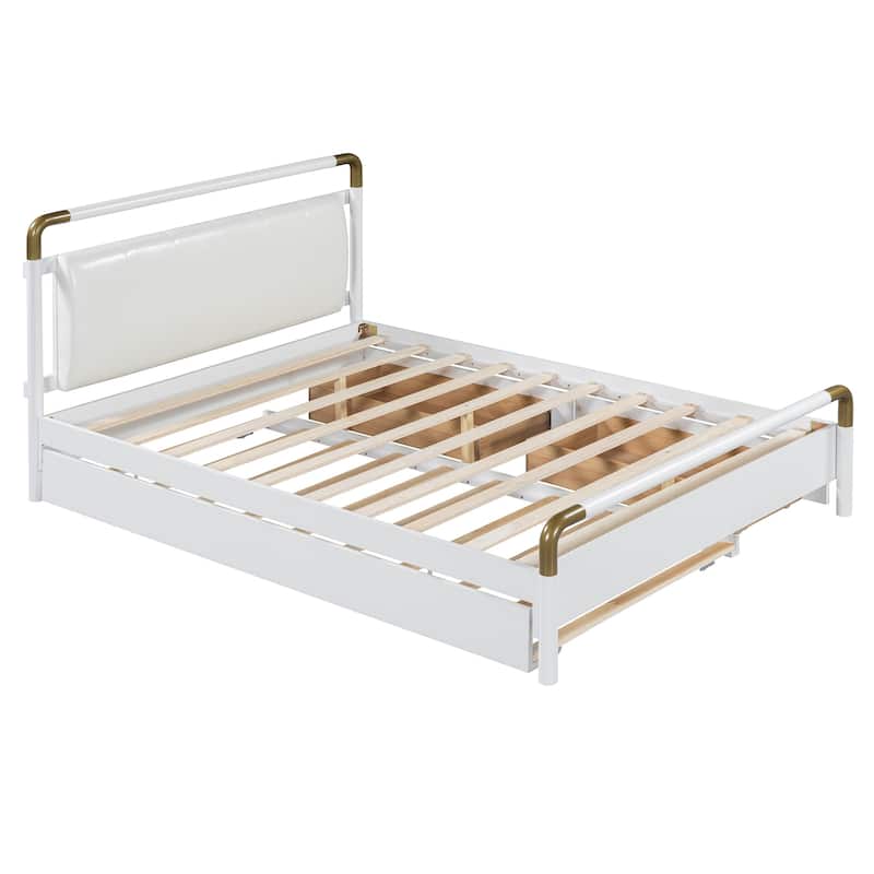 Queen Size Wooden Storage Platform Bed with 2 Big Drawers, T-XL Size Trundle, White