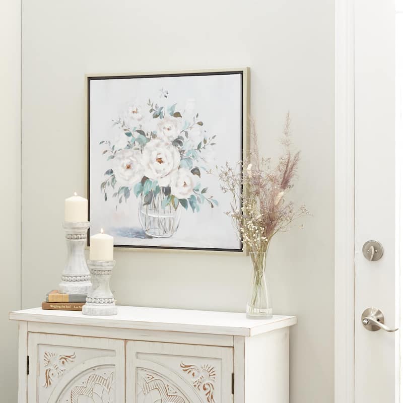 Canvas Floral Bouquet Framed Wall Art with Silver Frame - Multi Colored - Roche River Decor