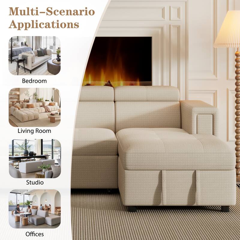 96" Multi-Functional Pull-Out Sofa Bed L-Shape Sectional Sofa with Adjustable Headrest, Wireless Charging, Cup Holders and Hidde