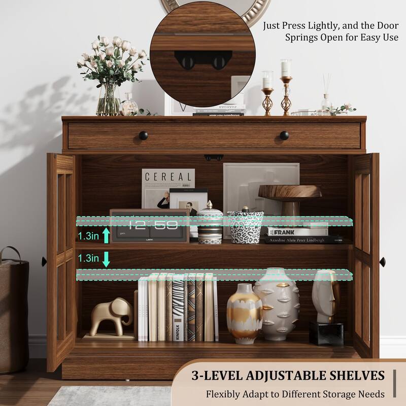 35.4" Sideboard Buffet Cabinets with Glass Door,Buffet Cabinet with Storage,White&Brown Sideboard Cabinet with Drawer