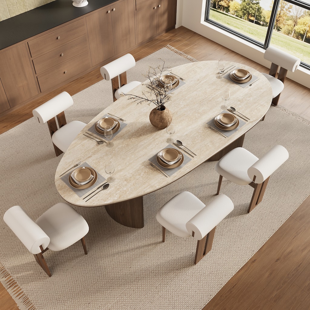 86.6" Oval Travertine Sintered Stone Dining Table, 6-Seater Walnut Full Support Curved Base