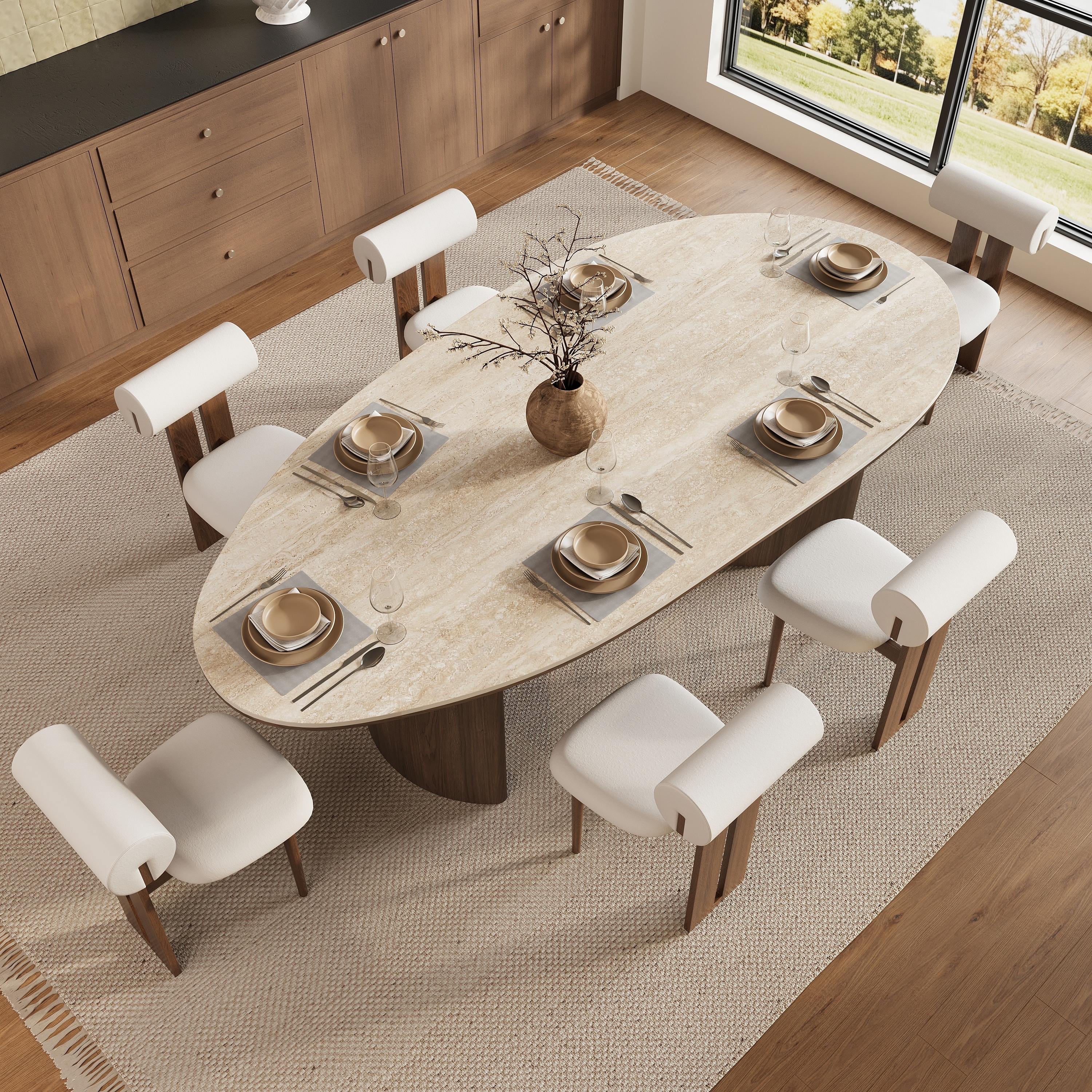 86.6" Oval Travertine Sintered Stone Dining Table, 8-Seater Walnut Full Support Curved Base