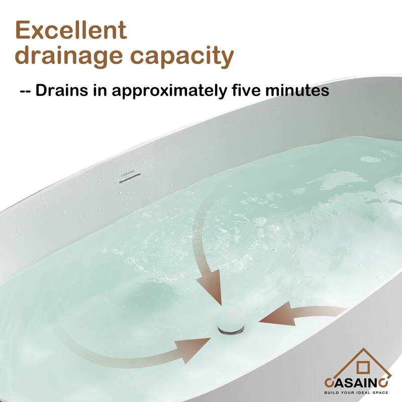 63 in. x 22 in. Solid Surface Stone Resin Stand Alone Freestanding Soaking Bathtub in White with Center Drain