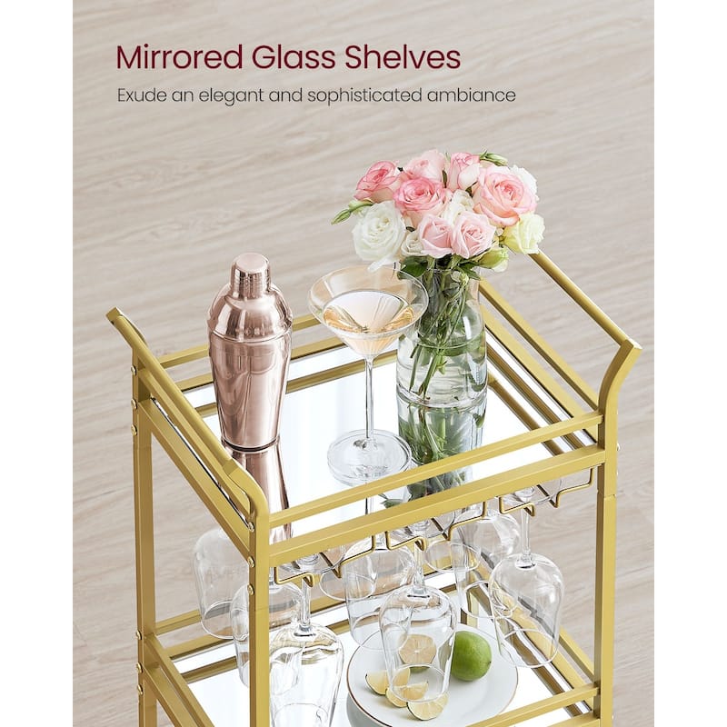 3 Tier Modern Compact Bar Cart with Mirrored Shelves Lockable Casters and Wine Glass Storage Rack - 11.8”D x 18.4”W x 36.2”H