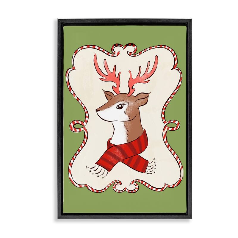 Stupell Festive Winter Deer in Scarf Framed Floater Canvas Wall Art Design By Hannah Moren - 17 x 25 - Black