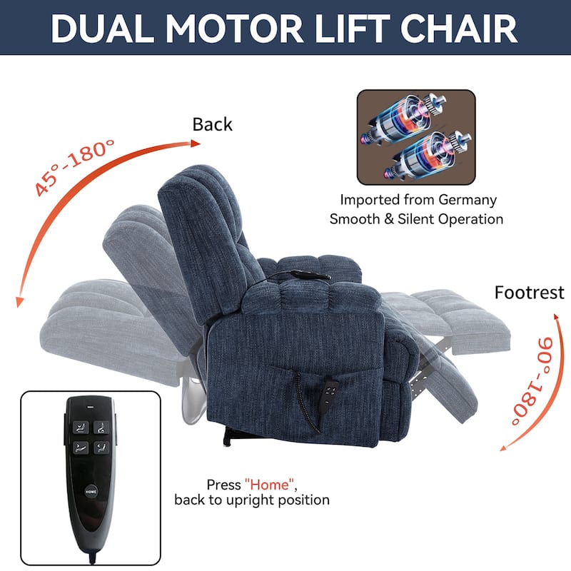 Power Lift Recliner Chair with Dual Motor, Massage and Lumbar Heat, Chenille Upholstery, Infinite Position Adjustment