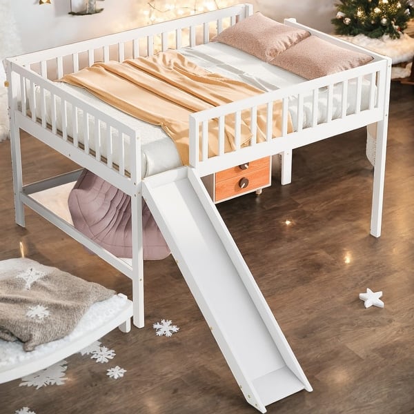 slide 2 of 15, Elegant & Contemporary Design Full Size Low Loft Bed with Vertical Ladder and Smooth Slide, Space-saving, Long-time Use, White White