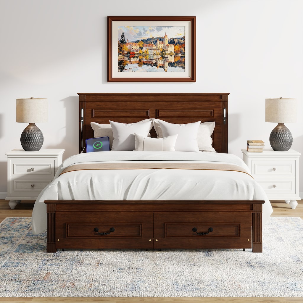 Queen Size Bed with Tall-Panel Headboard & Footboard, 2 Storage Drawers, USB Charging Station, with Strengthened Bed Frame