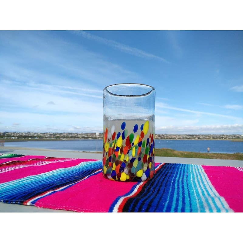 Dos Suenos Hand Blown Mexican Drinking Glasses - Set of 6 Confetti Carmen Design Glasses (14 oz each)