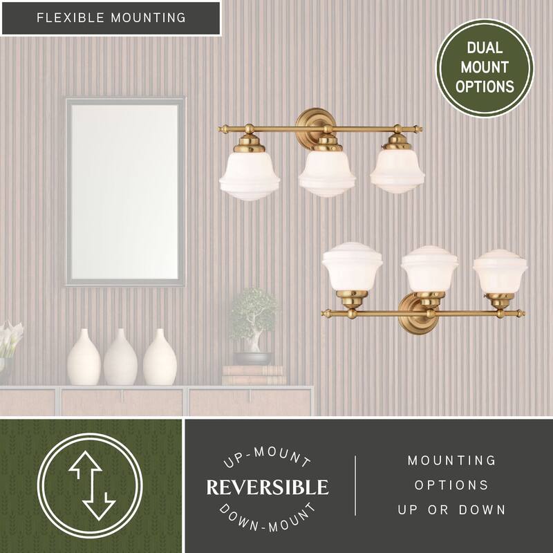 Huntley Gold Brass Bathroom Vanity Wall Light Fixture White Schoolhouse Glass