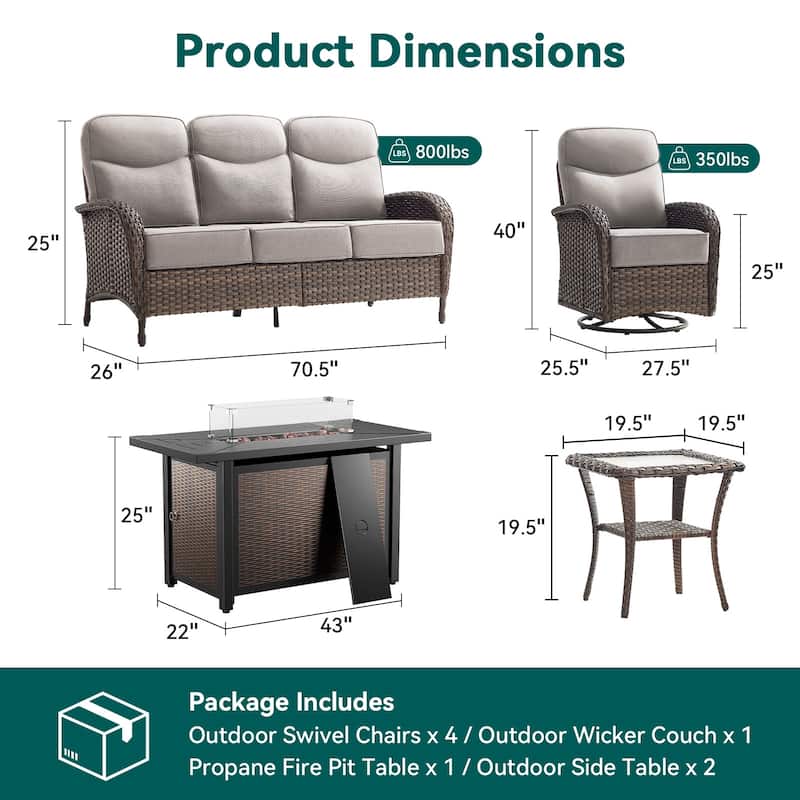 Pocassy Outdoor Sofa Swivel Chair and Ottman with Fire Pit Table