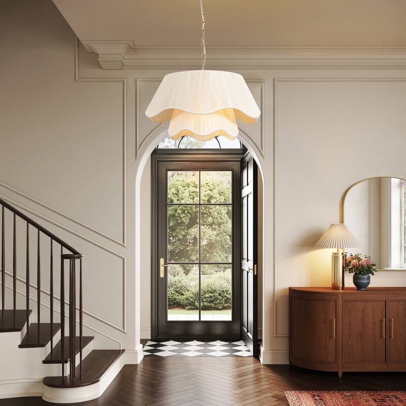 1-Light 20.3" W Modern Boho Double Tiered Fabric Shade chandelier for Living room