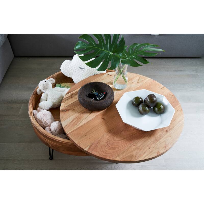 NADAAL STUDIOS Tarian Coffee Table, Round Solid Acacia Wood with Iron Hairpin Legs and Hidden Storage, Natural Finish