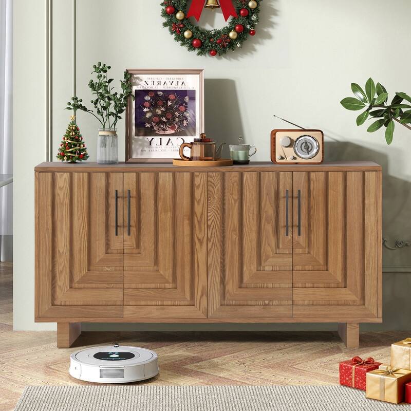 Modern 59" Sideboard Storage Cabinet with 4-Door and Metal Handles for Home Organization - Natural