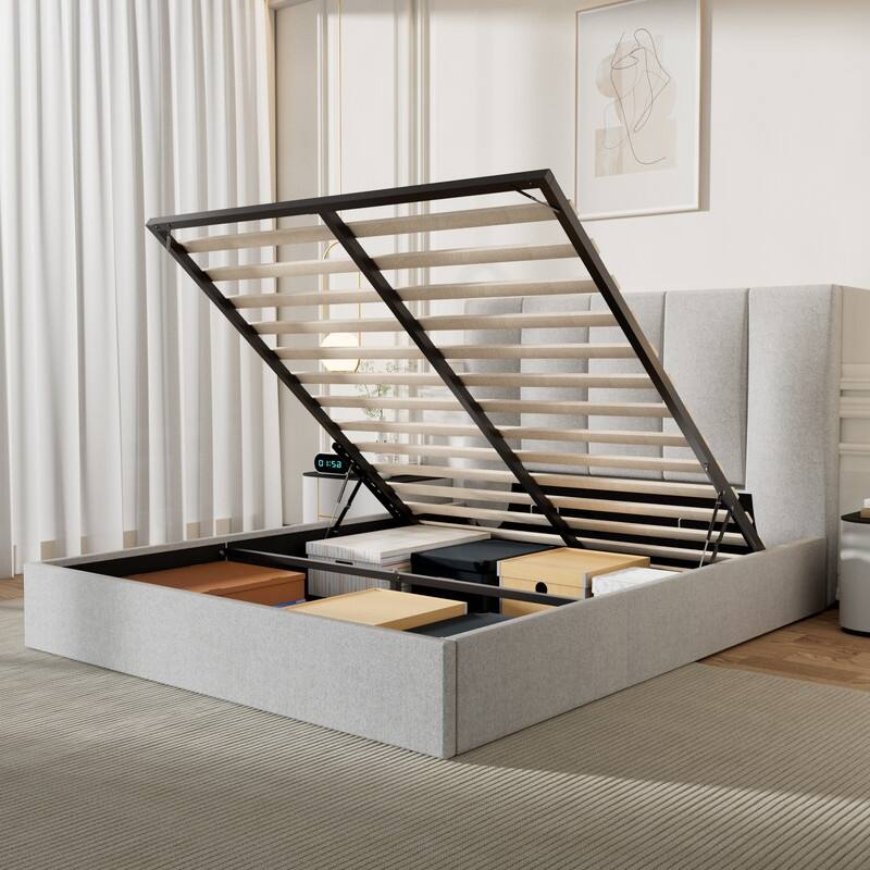 Modern Upholstered Lift-Up Storage Platform Bed with Headboard