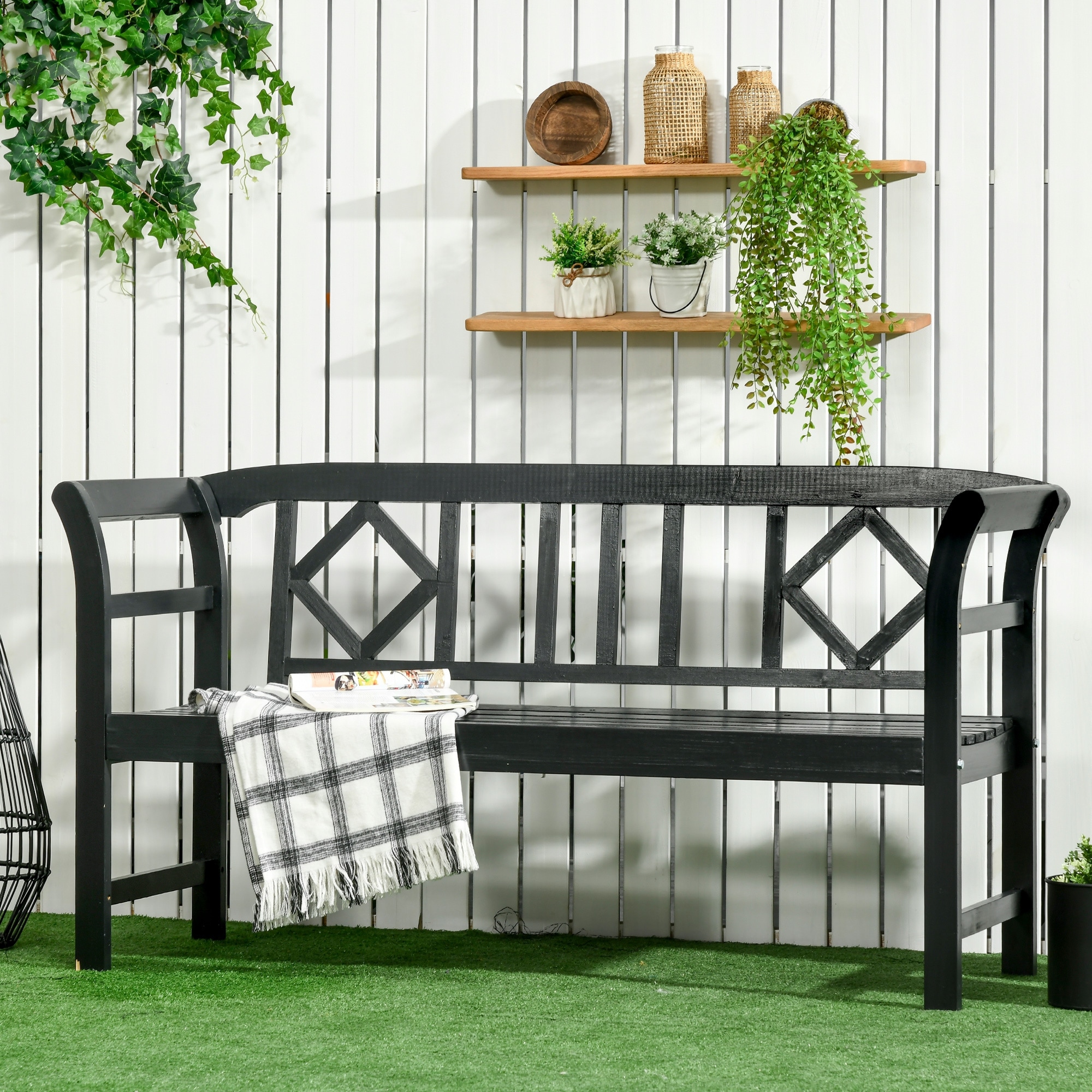 Wooden Patio Bench With Backrest And Diamond Pattern For Garden