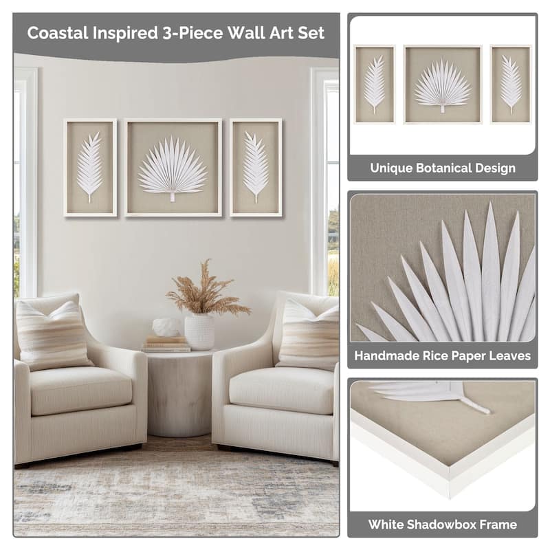 Madison Park Sabal Handmade Framed Rice Paper Palm Leaves 3-piece Shadowbox Wall Decor Set