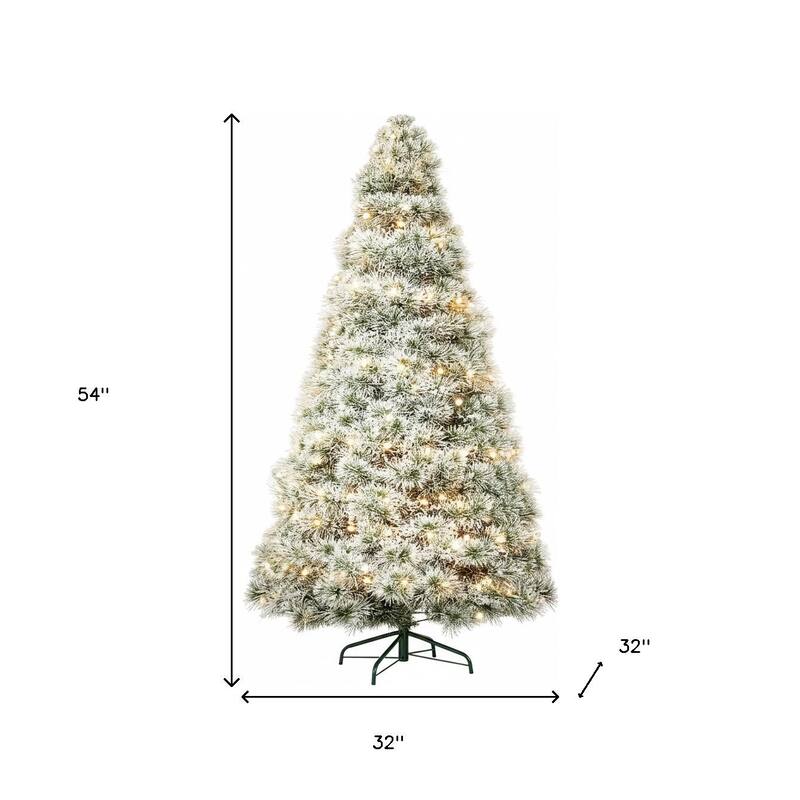 HomeRoots 4.5' White Pre Lit Full Flocked Spruce Christmas Tree - Green - 32.00 in. x 54.00 in. x 32.00 in.