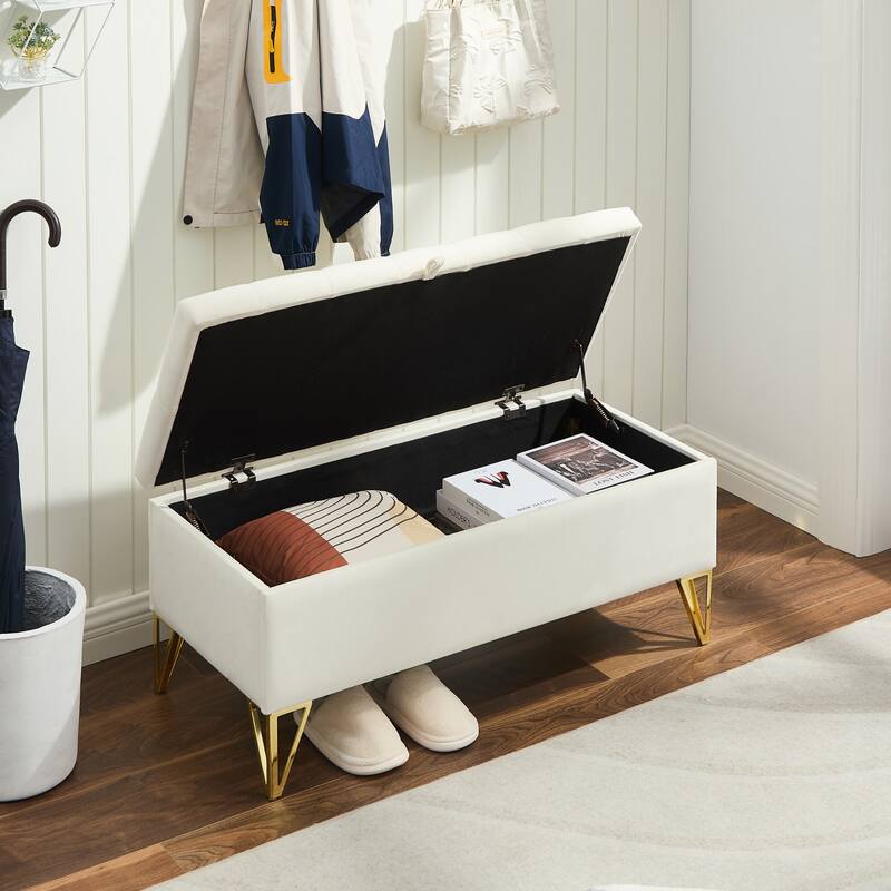 Beige Velvet Upholstered Storage Ottoman Bench - High-Density Sponge, Sturdy Legs