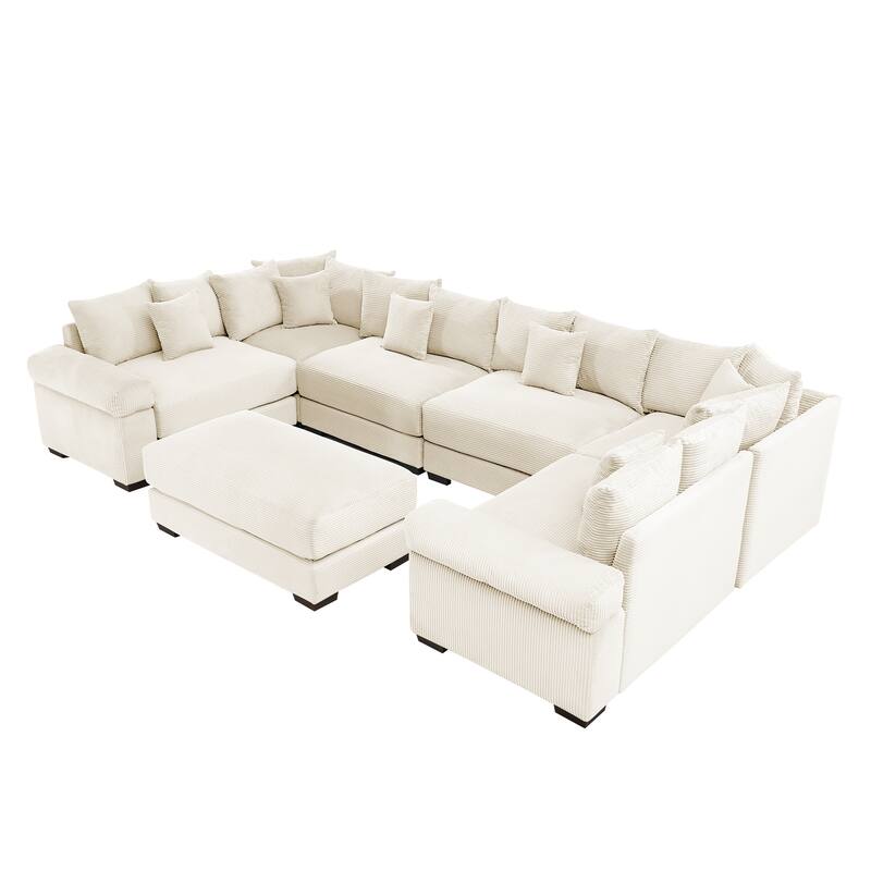 GDFStudio - Corduroy U-Shaped 6-Seater 137.7" Cloud Modular Sectional Couch with Ottoman