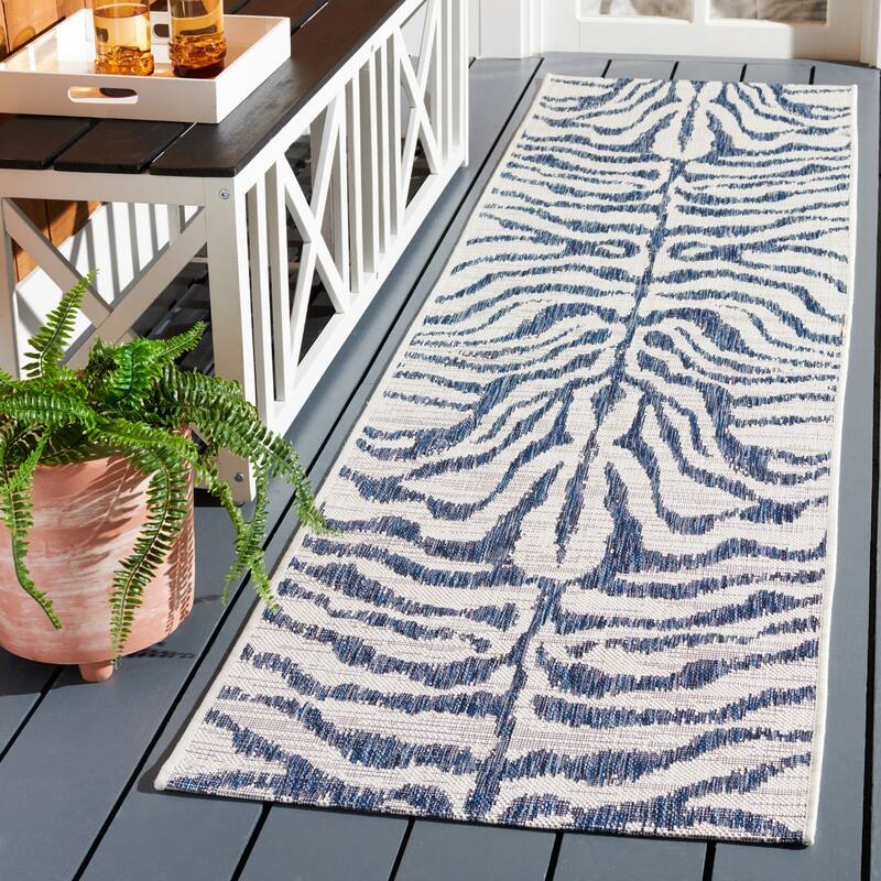 SAFAVIEH Courtyard Kalyonka Indoor/ Outdoor Waterproof Patio Backyard Rug - 2'3" x 8' Runner - Ivory/Navy