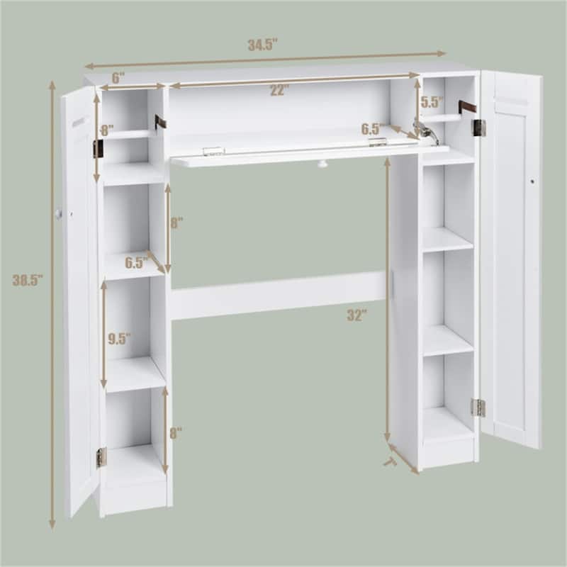 White MDF Over Toilet Storage Cabinet with Pull-Down Door and Shelves - 34.5" x 7" x 38.5" (L x W x H)