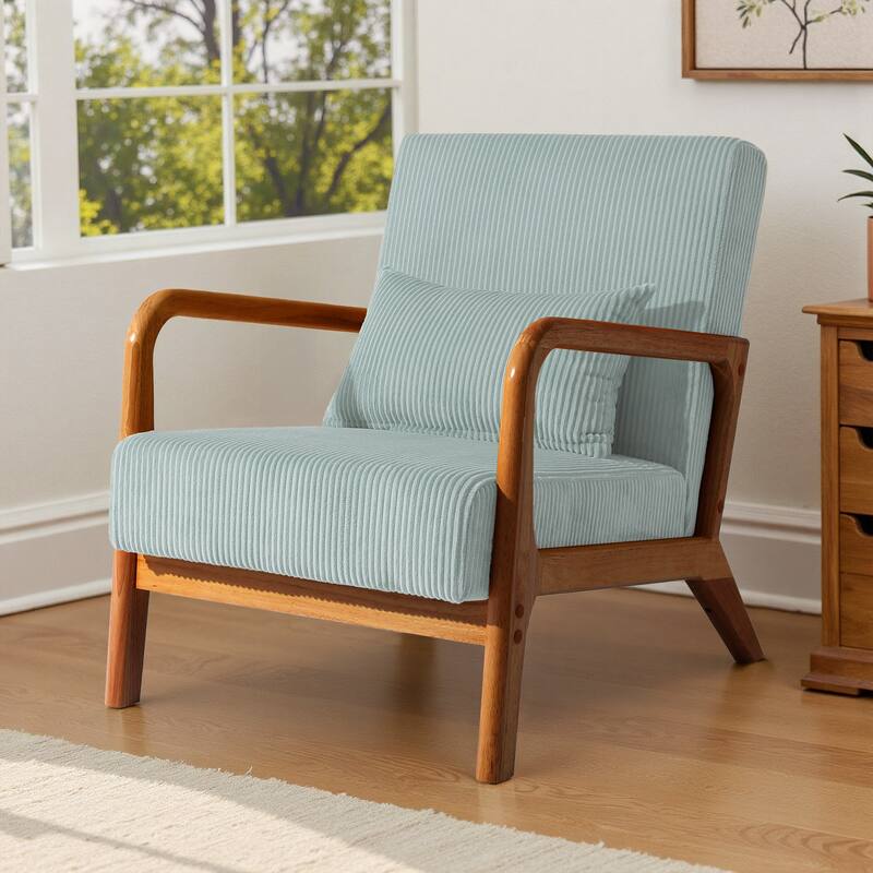 Mid-Century Upholstered Accent Chair with Wood Frame - Brown Frame - Light Blue