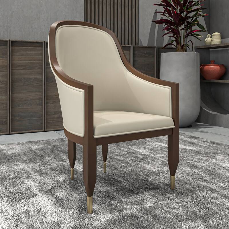 Leather Dining Chair with Arms with Rubberwood Frame Belle Series by LeisureMod