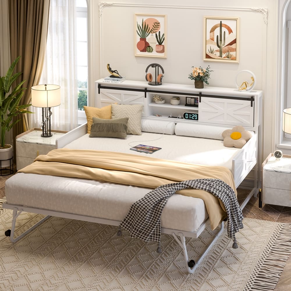 Farmhouse Twin Daybed with Pop-up Trundle Bed and Charging Station，Sofa Bed Frame with Bookcase Headboard with 2 Sliding Doors