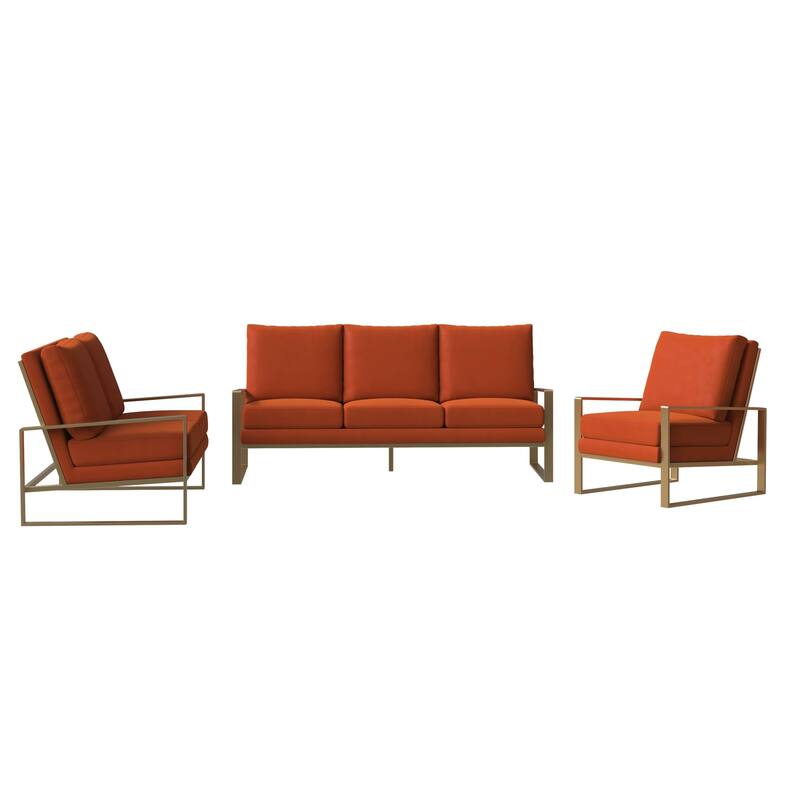 LeisureMod Modern 3-Piece Upholstered Velvet Sofa Set - Includes Sofa, Loveseat & Accent Chair for Home Office Living & Bed Room