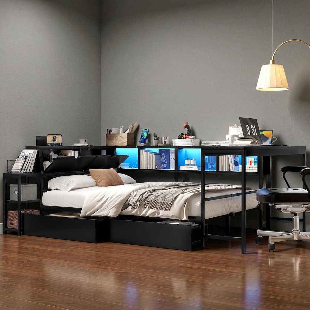 Twin/Full Size Corner Bed Frame with Bookcase, LED Lights, Charging Station and 2 Storage Drawers, Modern Platform Bed