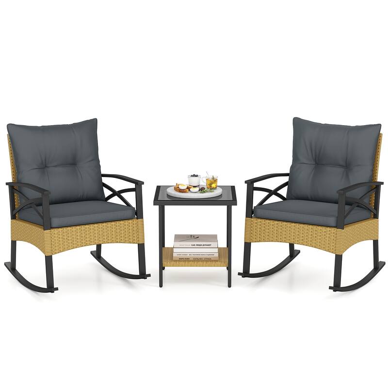 Gymax 3-Piece Rattan Rocking Bistro Set w/Tempered Glass Tabletop &