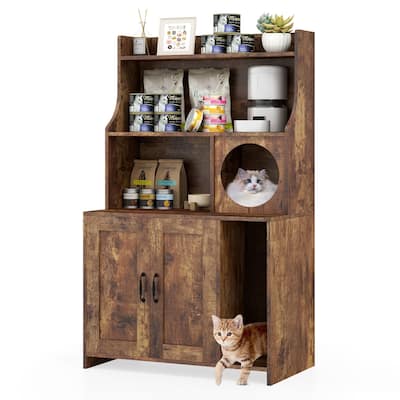 Brown Engineered Wood Cat Litter Box Shelf with Storage and Winding Entry