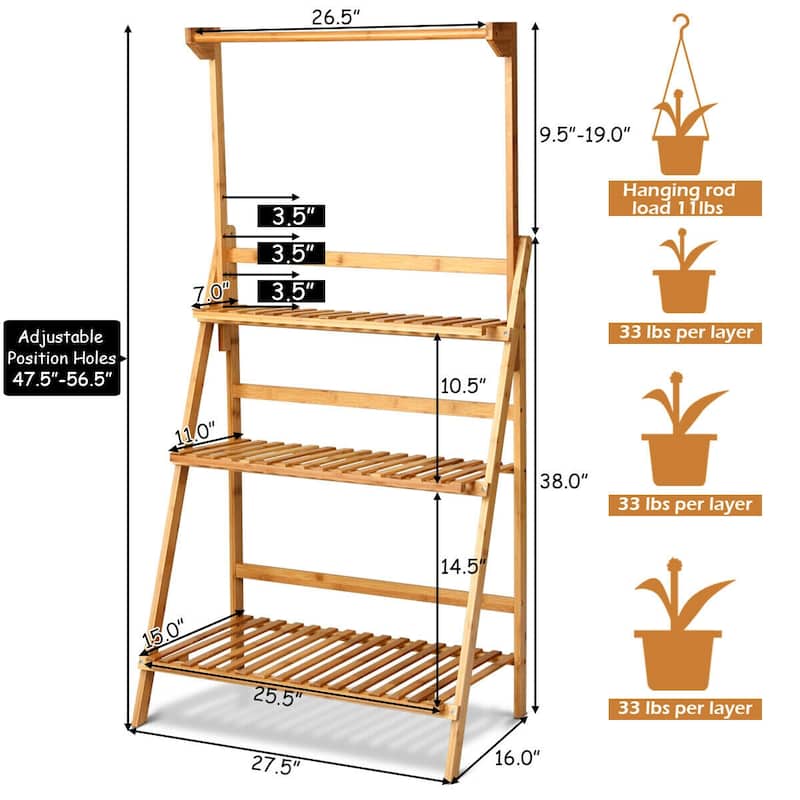 Costway 3 Tier Bamboo Hanging Folding Plant Shelf Stand Flower Pot - 27.5''x16''x47.5''-56.5''(LxWxH)
