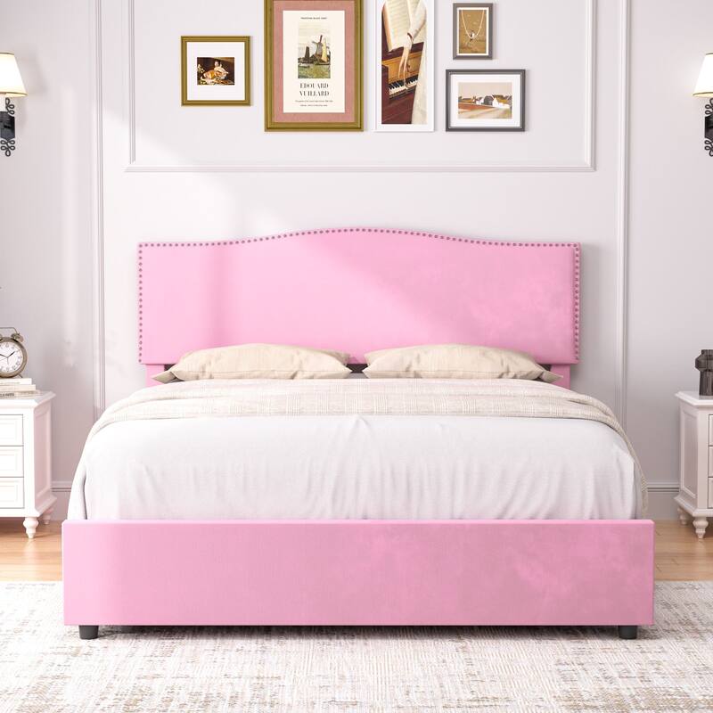 VECELO Upholstered Bed Frame with 4 Storage Drawers Full Queen Heavy Duty Platform with Adjustable Linen Headboard