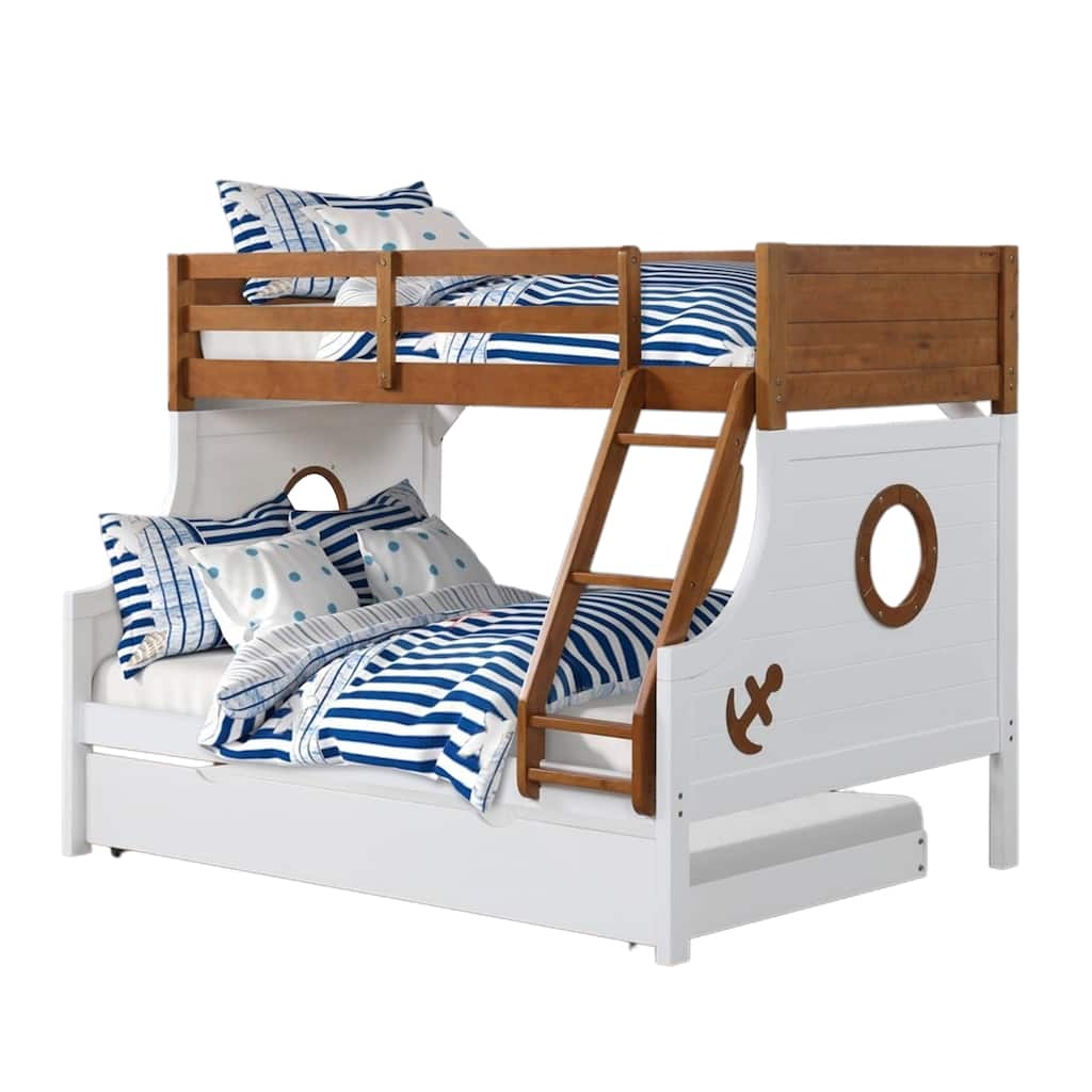 Nexo Twin over Full Bunk Bed with Trundle, Oak Brown, White, Solid Wood