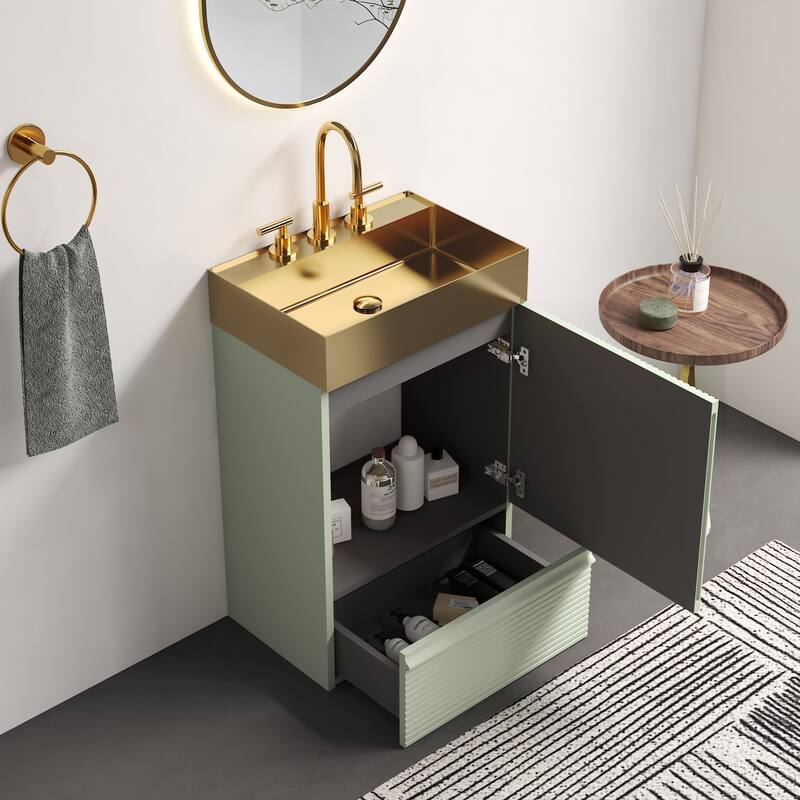 GDFStudio - Gada Stylish 20" Striped Bathroom Vanity with Integrated Stainless Steel Sink and Efficient Storage