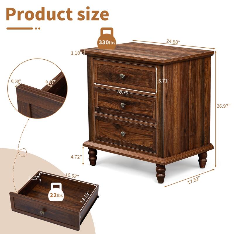 Wood 3-Drawer Nightstand with Rustic Finish and Storage
