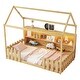 preview thumbnail 4 of 34, Kids Twin Floor Bed with Roof Frame and LED Light, Wooden House Bed with Bookshelf Storage and Guardrails