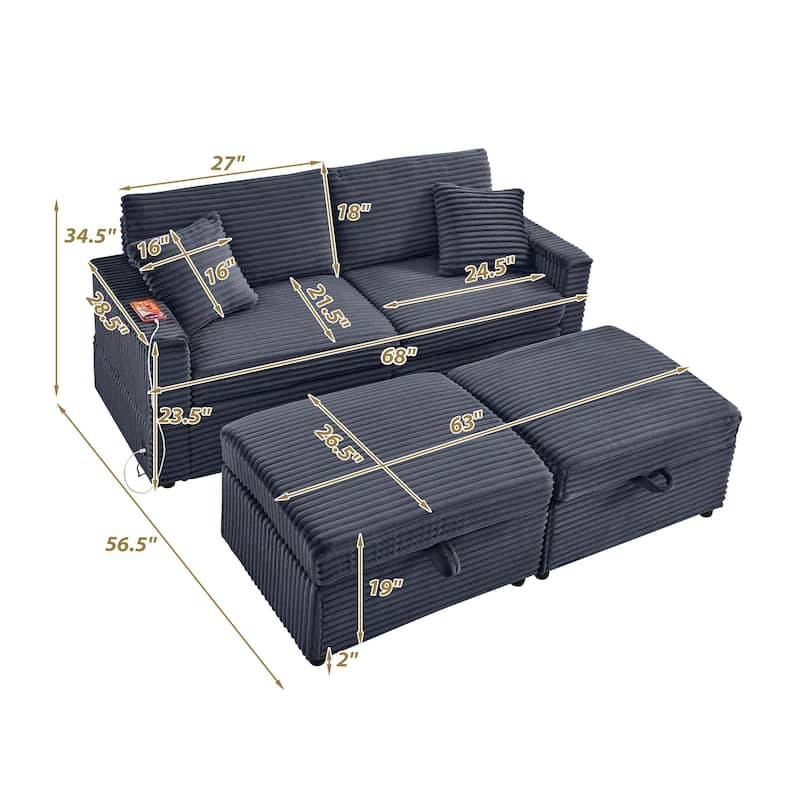 Modular Chaise Sleeper Sofa Bed, Corduroy Loveseat Couch & Storage Ottomans Set with Folding Table Boards and USB Ports