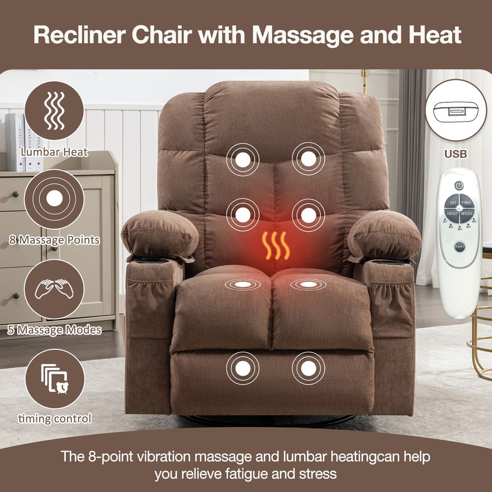 Oversized Massage Rocker Chair, Adjustable Reclining Sofa with 2 Cup Holders & USB Charge Port, Manual Massage & Heat