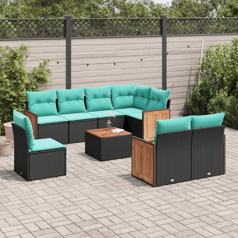 vidaXL 8 Piece Patio Sofa Set with Cushions Black Poly Rattan - 21.7x27.2x24.4-With table