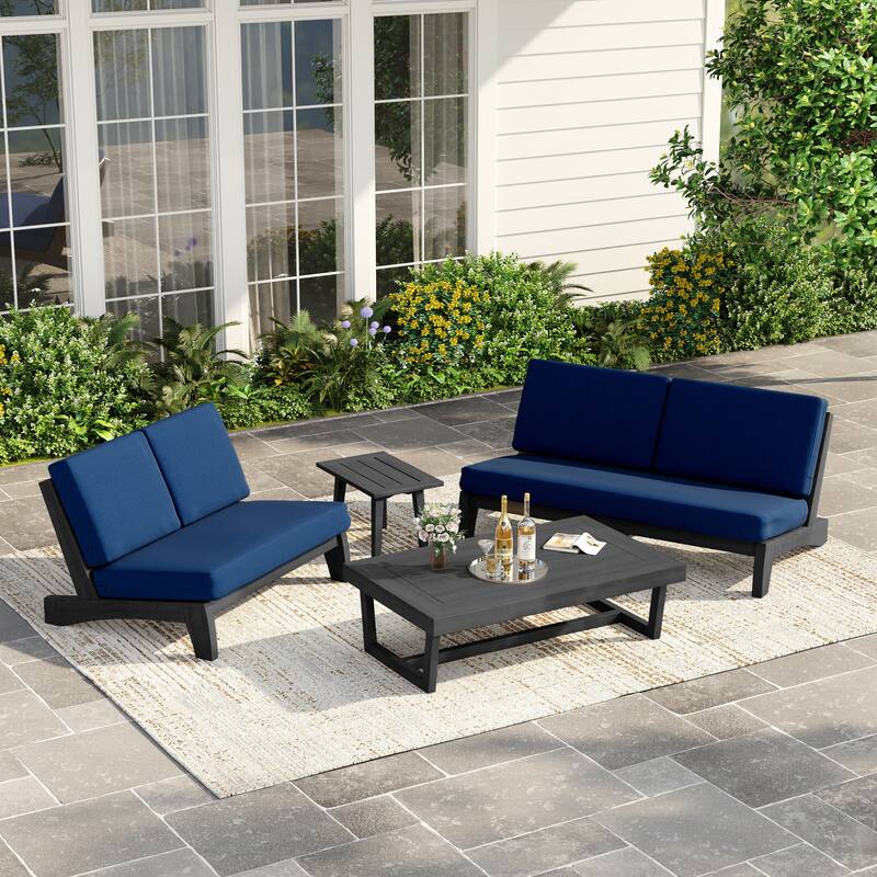 Casual Teak Outdoor Patio Conversation Set with Cushioned Sofa Loveaseat