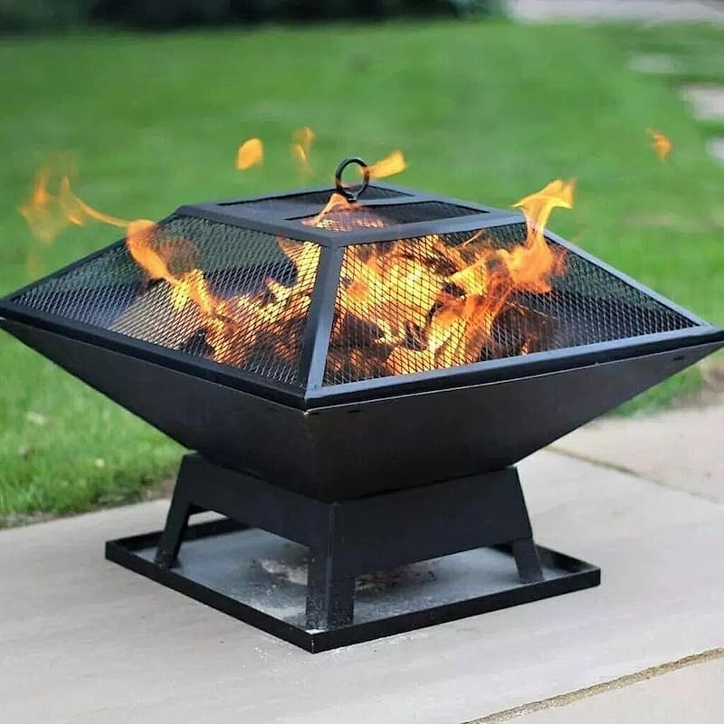 19" Square Fire Pit With BBQ Grill & Poker, Fire Basket, Metal Frame - 19.2"W - Black