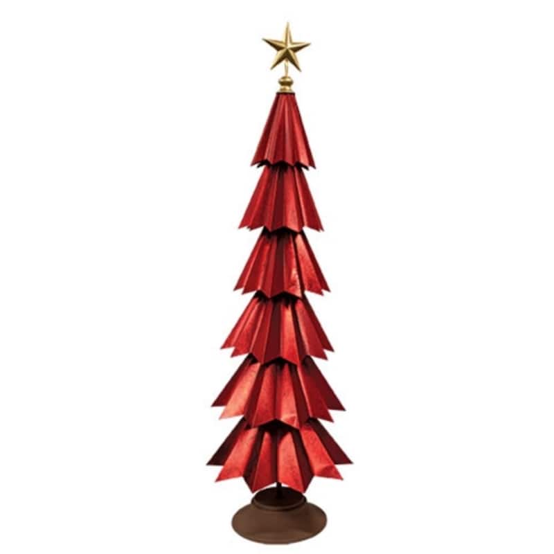Farmhouse Style Distressed Metal Christmas Tree Accent with Antique Star on Brown Base