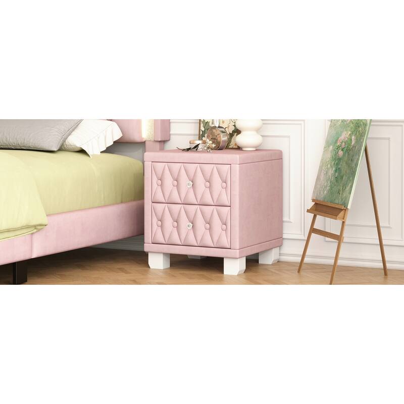 Elegant Velvet 2-Drawer Nightstand with Crystal Handles - Button-Tufted Storage Bedside Table (Pink)