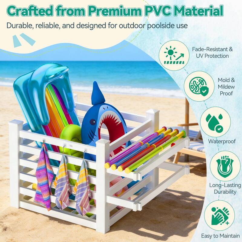 Waterproof Outdoor Pool Storage Bin with Hooks, Basket Holder or Long Panel for Poolside & Patio