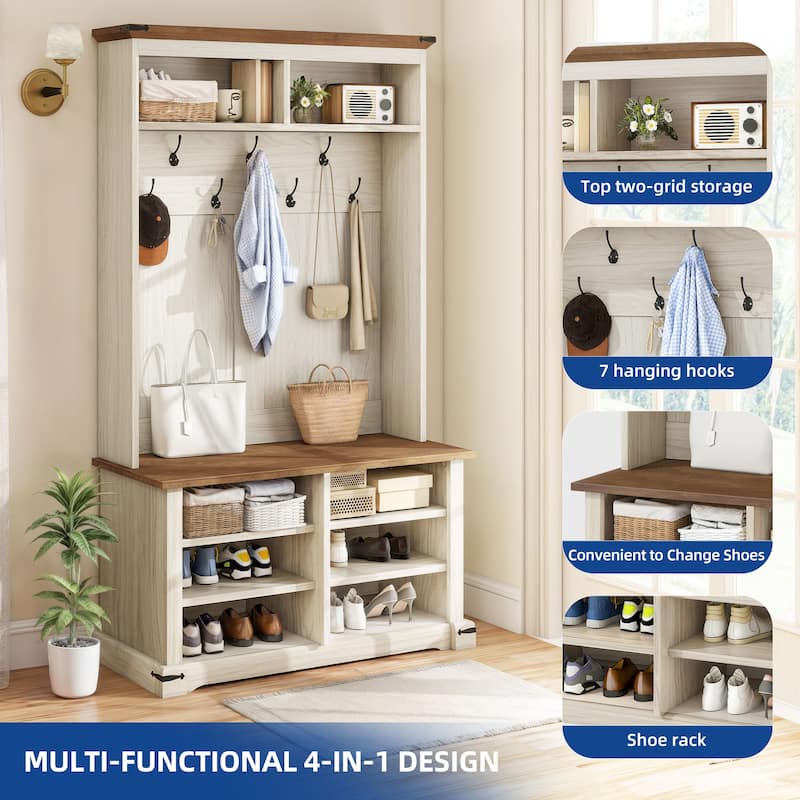 Moasis Hall Tree Coat Rack with Bench Shoe Storage w/ 10 Hooks for Entryway