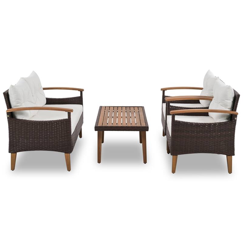 4-Piece Garden Patio Wicker Seating Set Outdoor Conversation PE Rattan Sofa Set with Wood Coffee Table
